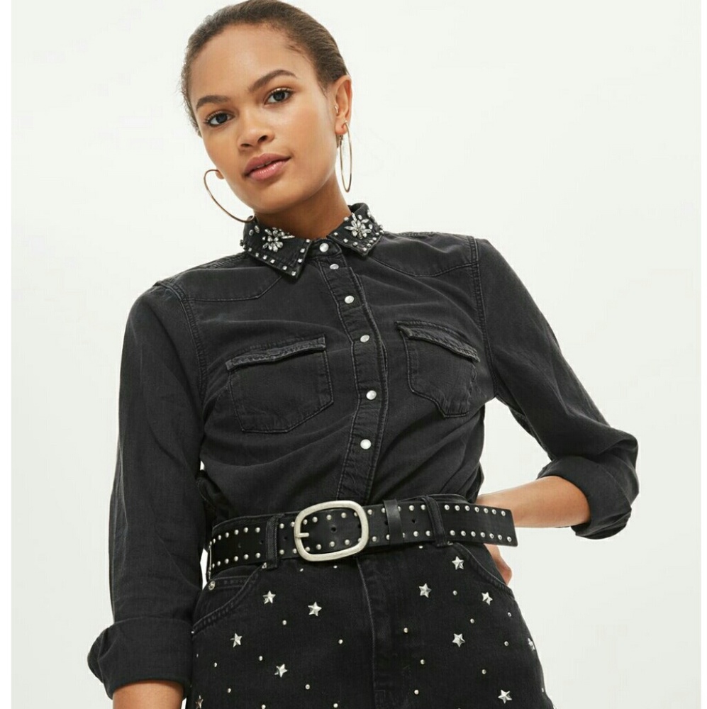 Topshop moto crystal denim collar shirt